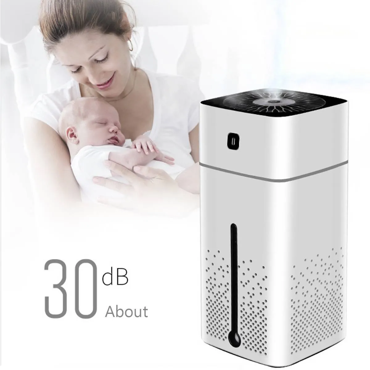 Black or white desktop ultrasonic humidifier with 1000ml tank and USB cable on a wooden desk.