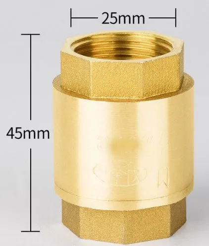 Brass all copper check valve with threaded connections, shown in horizontal and vertical configurations.