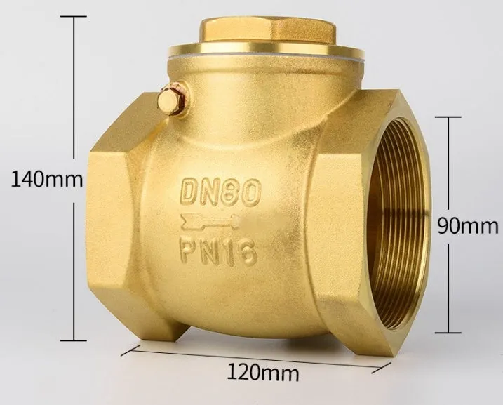 Brass all copper check valve with threaded connections, shown in horizontal and vertical configurations.