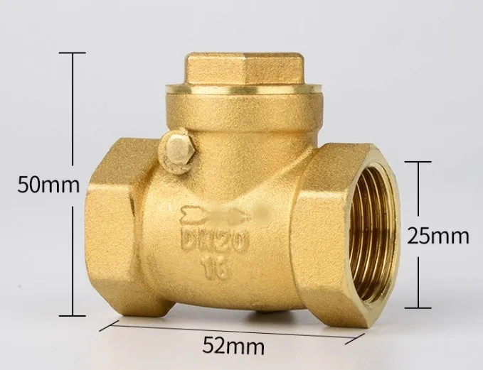 Brass all copper check valve with threaded connections, shown in horizontal and vertical configurations.