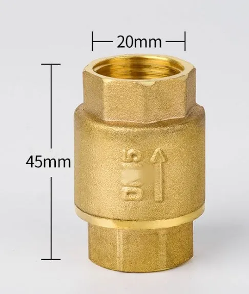 Brass all copper check valve with threaded connections, shown in horizontal and vertical configurations.