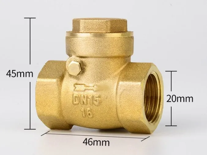 Brass all copper check valve with threaded connections, shown in horizontal and vertical configurations.