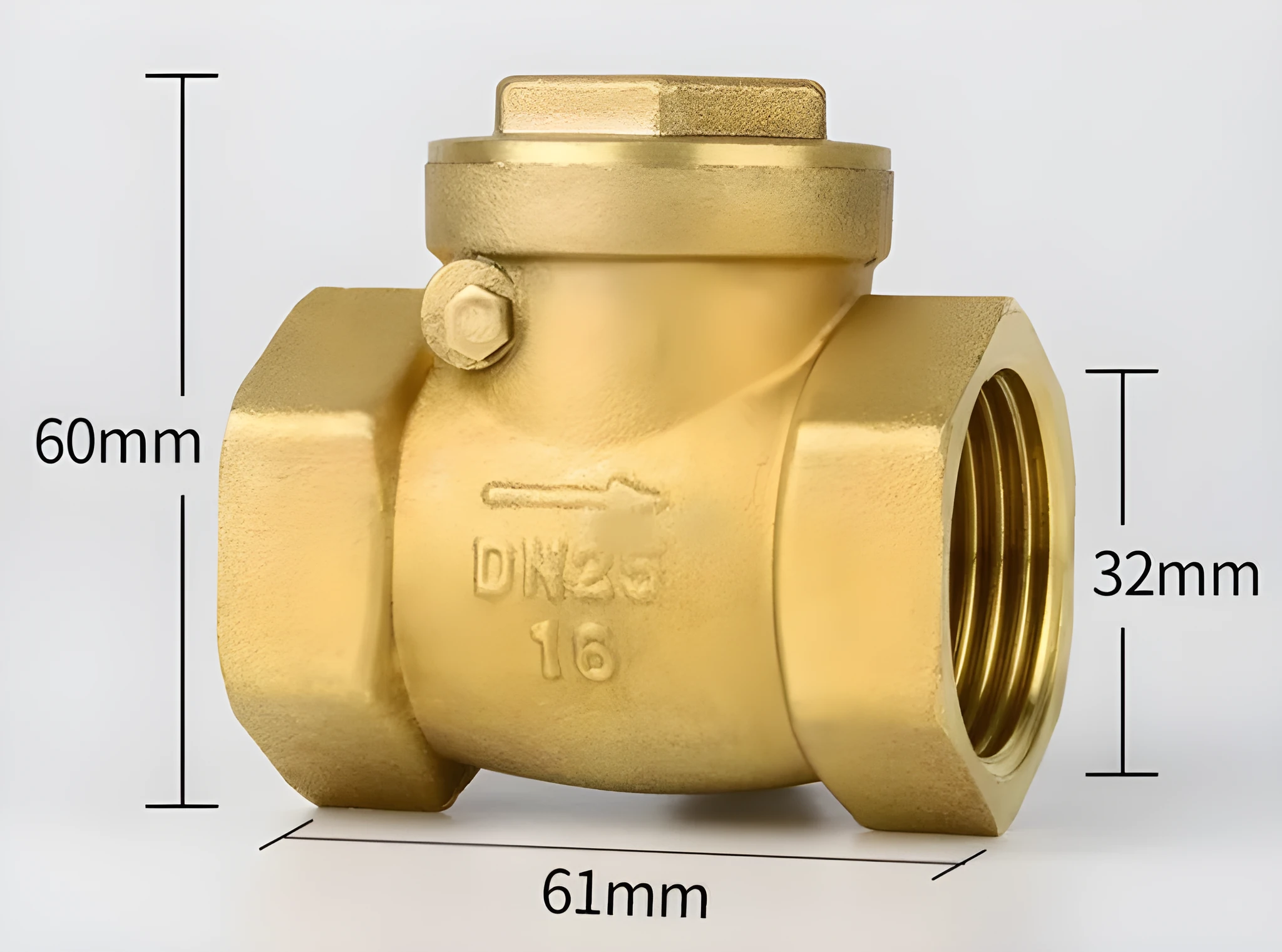 Brass all copper check valve with threaded connections, shown in horizontal and vertical configurations.