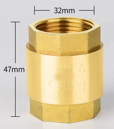 Brass all copper check valve with threaded connections, shown in horizontal and vertical configurations.