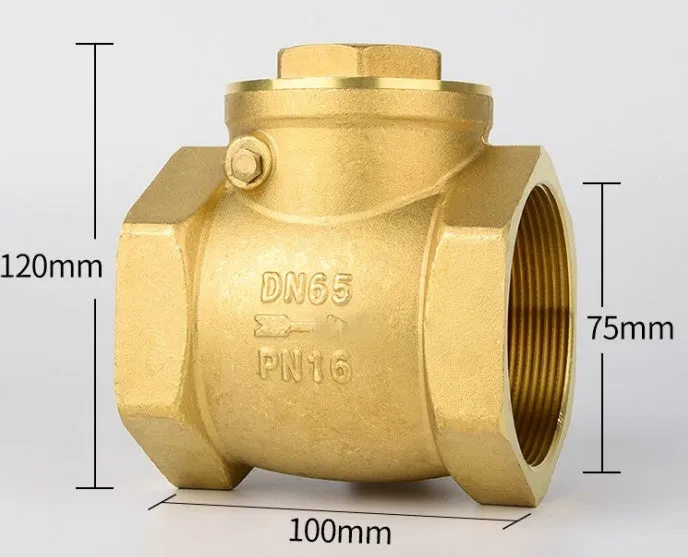Brass all copper check valve with threaded connections, shown in horizontal and vertical configurations.