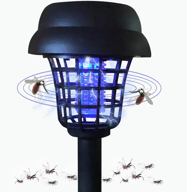 Solar mosquito killer lamp with white LED light and purple UV attraction for outdoor insect control