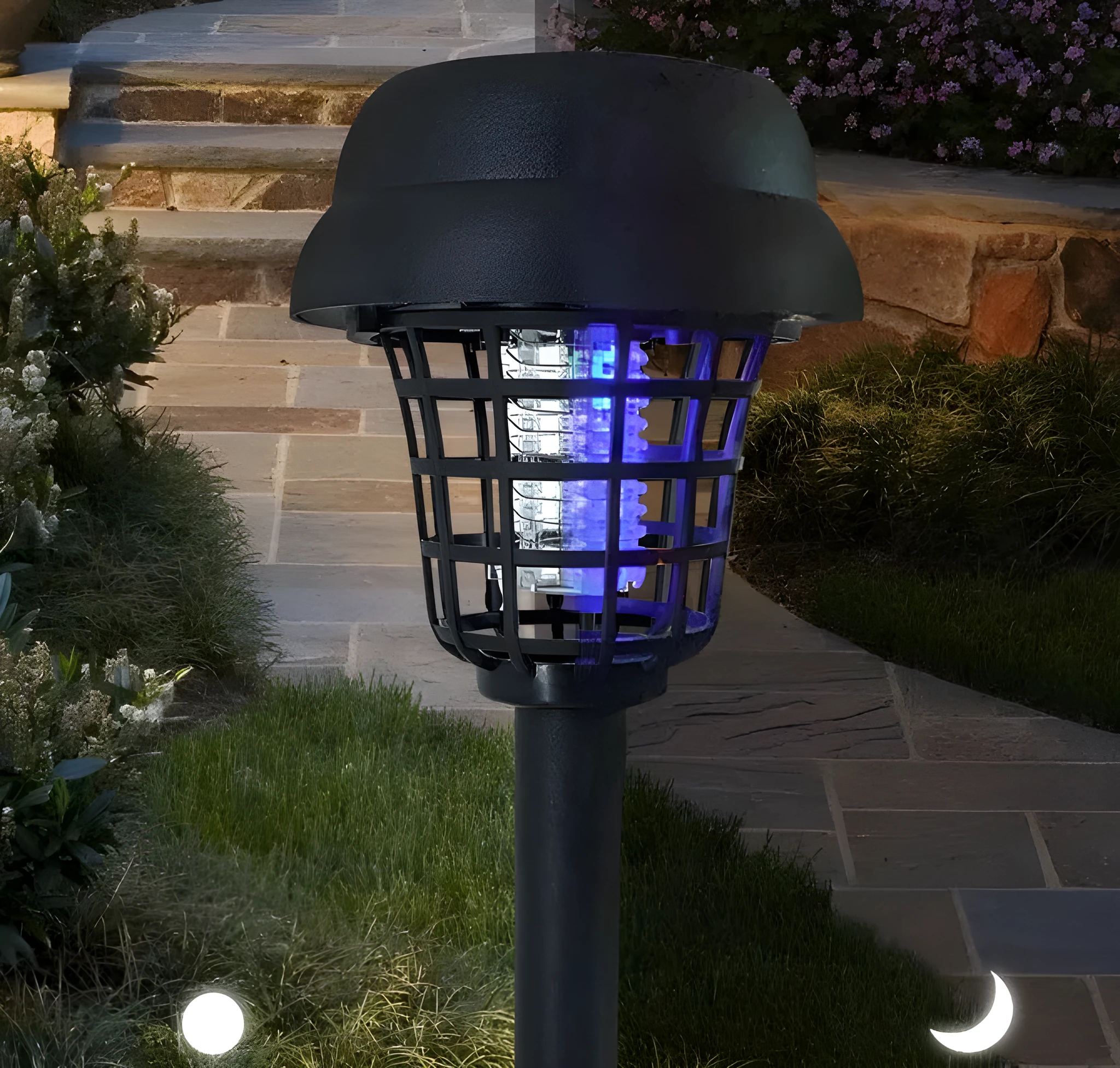 Solar mosquito killer lamp with white LED light and purple UV attraction for outdoor insect control