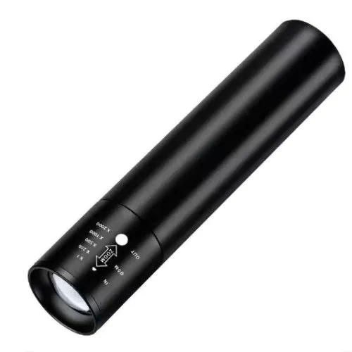 Black and silver aluminium red light therapy mosquito repellent lamp with USB charging port.
