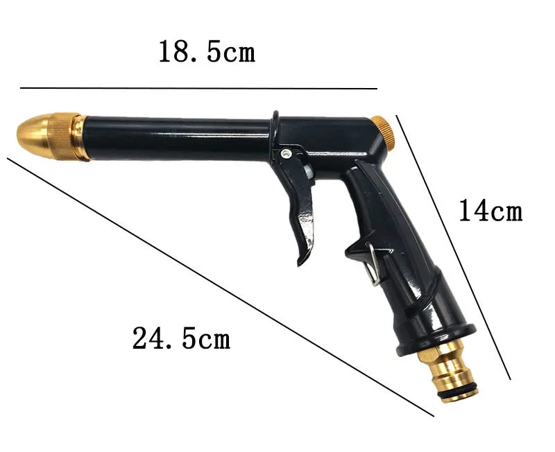 Aluminium alloy telescopic garden hose extended with multi-spray water gun for car washing.