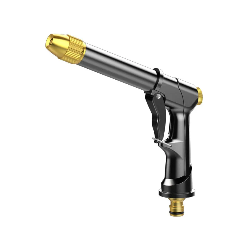 Aluminium alloy telescopic garden hose extended with multi-spray water gun for car washing.
