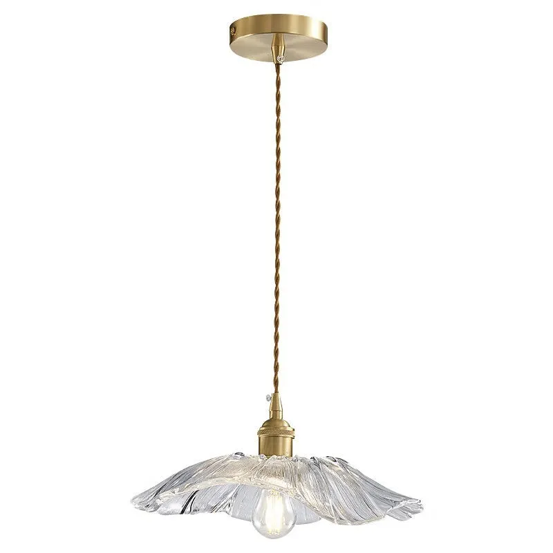Nordic Japanese style lotus leaf shaped ceiling or pendant lamp with iron frame and glass shade.