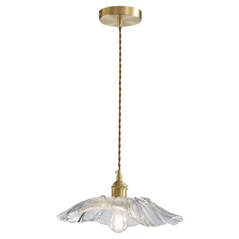 Nordic Japanese style lotus leaf shaped ceiling or pendant lamp with iron frame and glass shade.