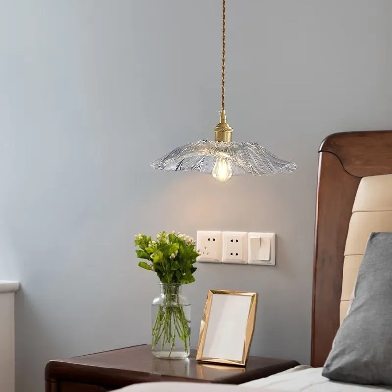Nordic Japanese style lotus leaf shaped ceiling or pendant lamp with iron frame and glass shade.