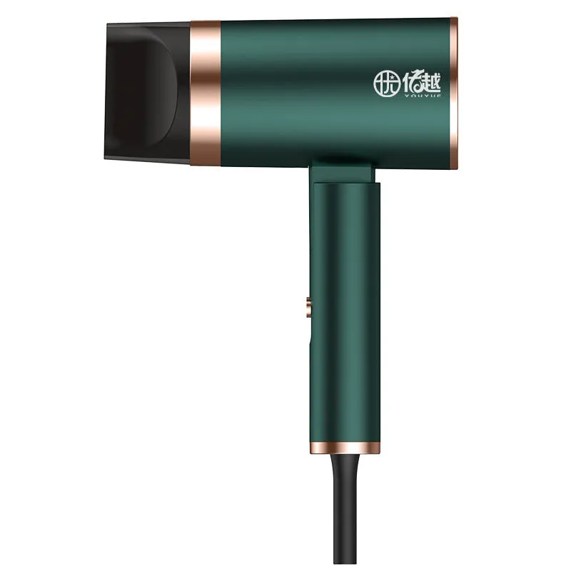 Foldable negative ion hair dryer in emerald green with folded handle and single nozzle