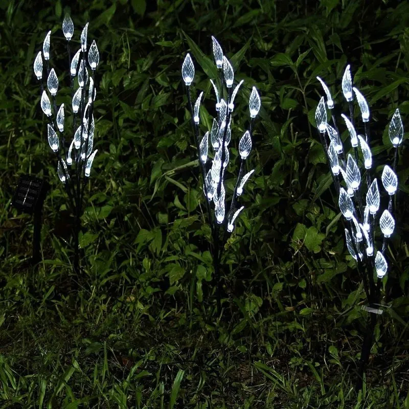 Solar-powered leaf branch garden light measuring 73cm tall with iron and plastic construction
