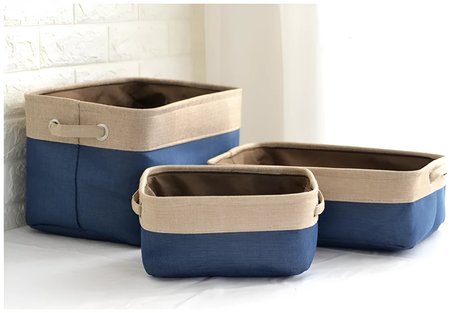 Nordic style fabric folding storage box in blue, coffee, or grey colour, shown in small, medium, large, and extra large sizes.