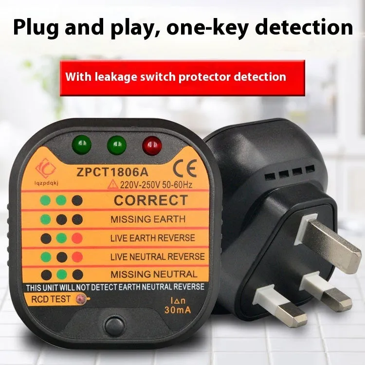 Black UK electrical socket tester showing LED indicators for ground and polarity detection