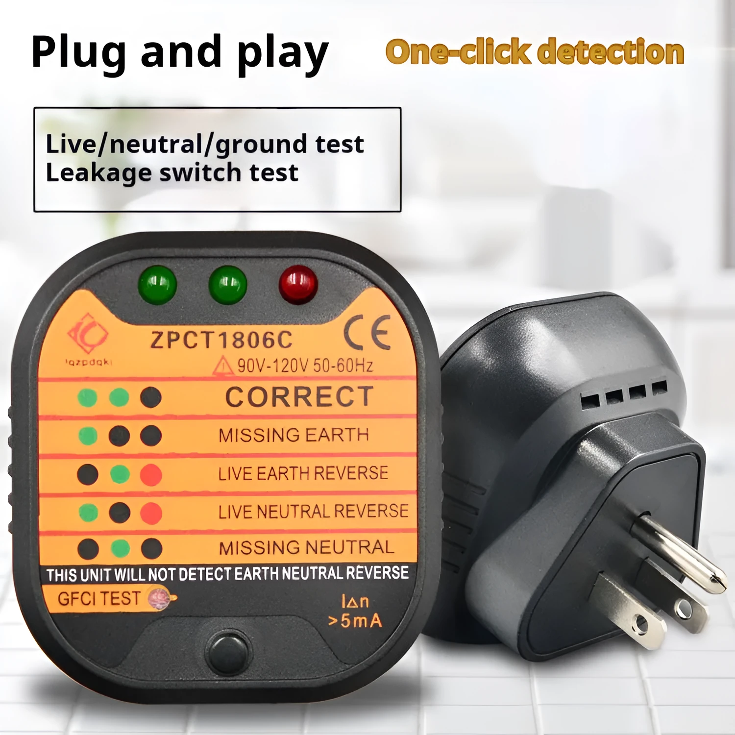 Black UK electrical socket tester showing LED indicators for ground and polarity detection