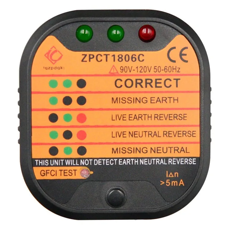 Black UK electrical socket tester showing LED indicators for ground and polarity detection