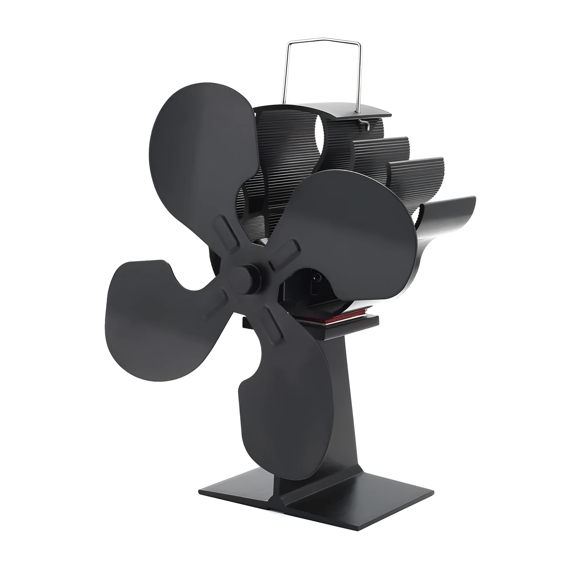 Black Yotsuba style thermodynamic fireplace fan on a hearth.