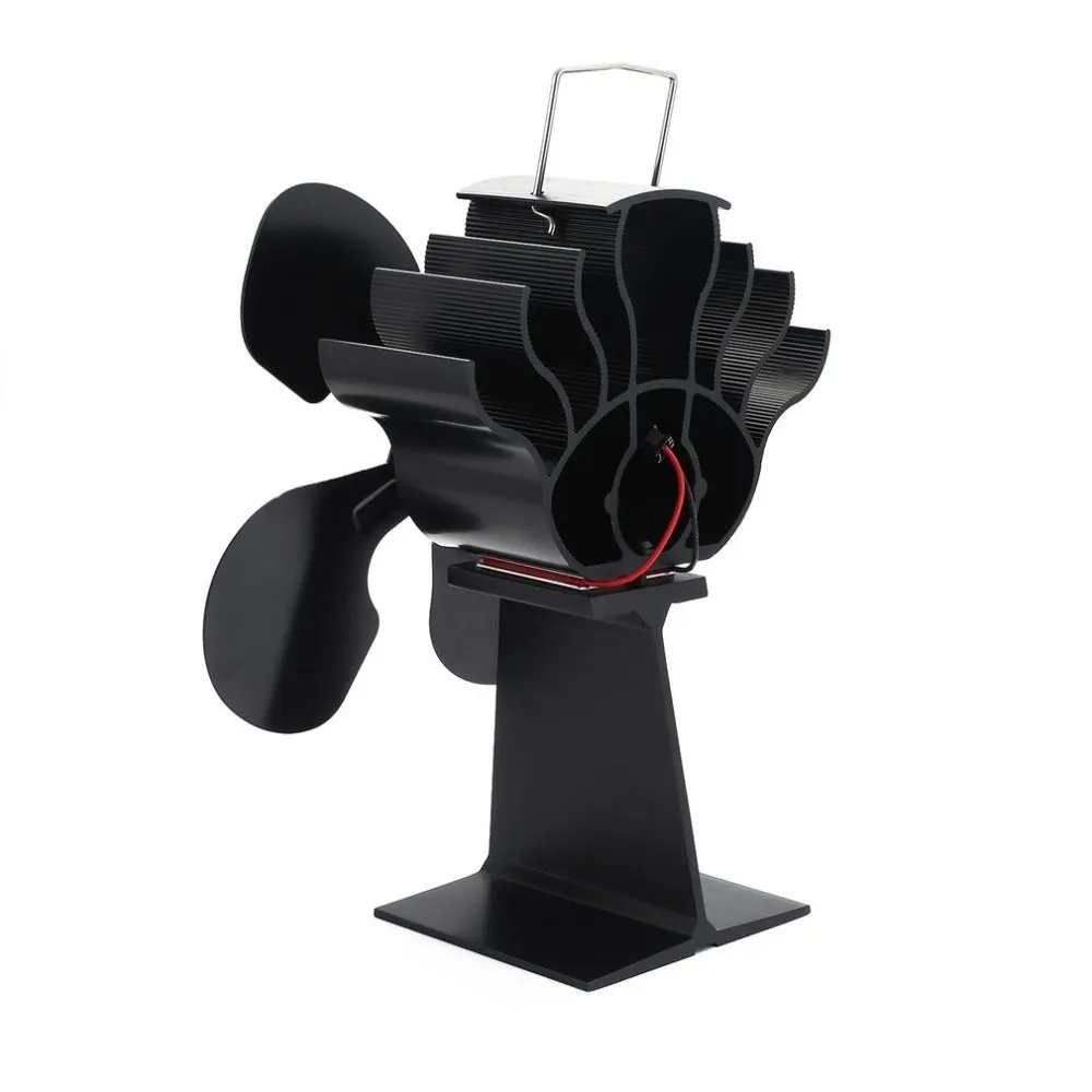 Black Yotsuba style thermodynamic fireplace fan on a hearth.