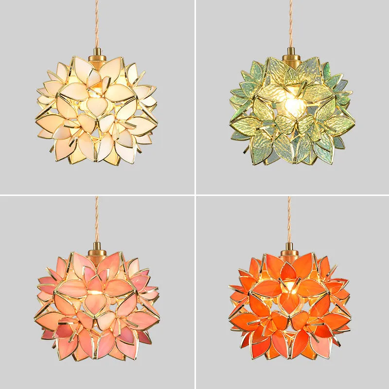 Copper and stained glass hanging line chandelier with adjustable cable for ceiling installation