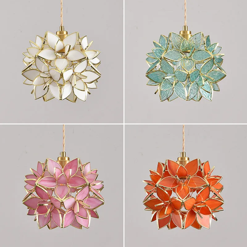 Copper and stained glass hanging line chandelier with adjustable cable for ceiling installation