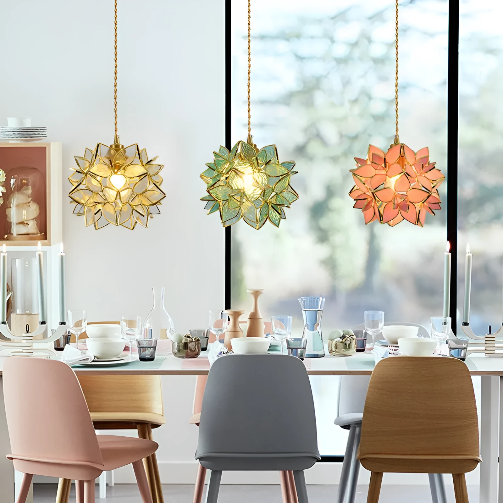 Copper and stained glass hanging line chandelier with adjustable cable for ceiling installation