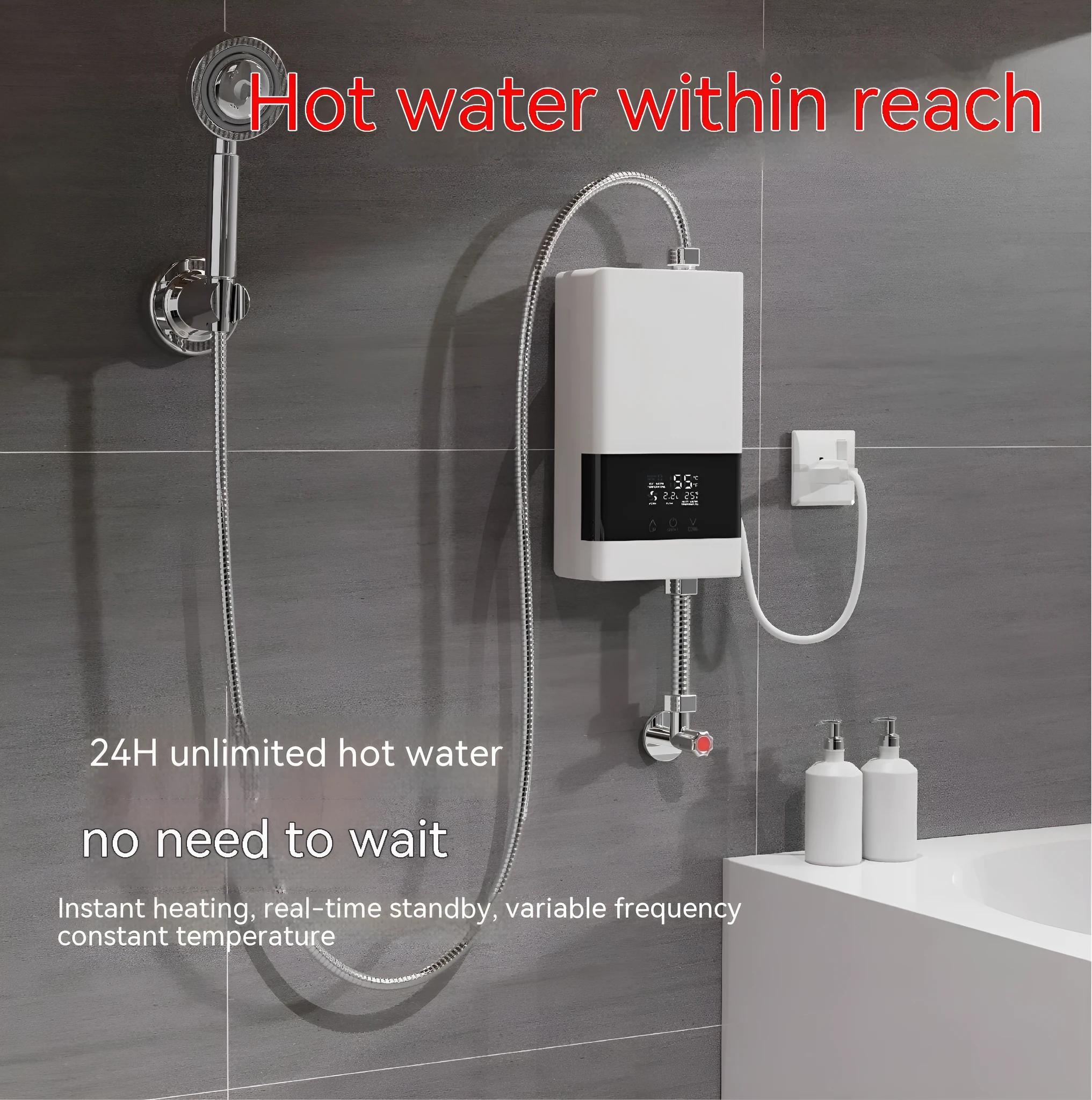 Portable instant electric water heater unit with LED touch screen display in gold, silver, or white finish.
