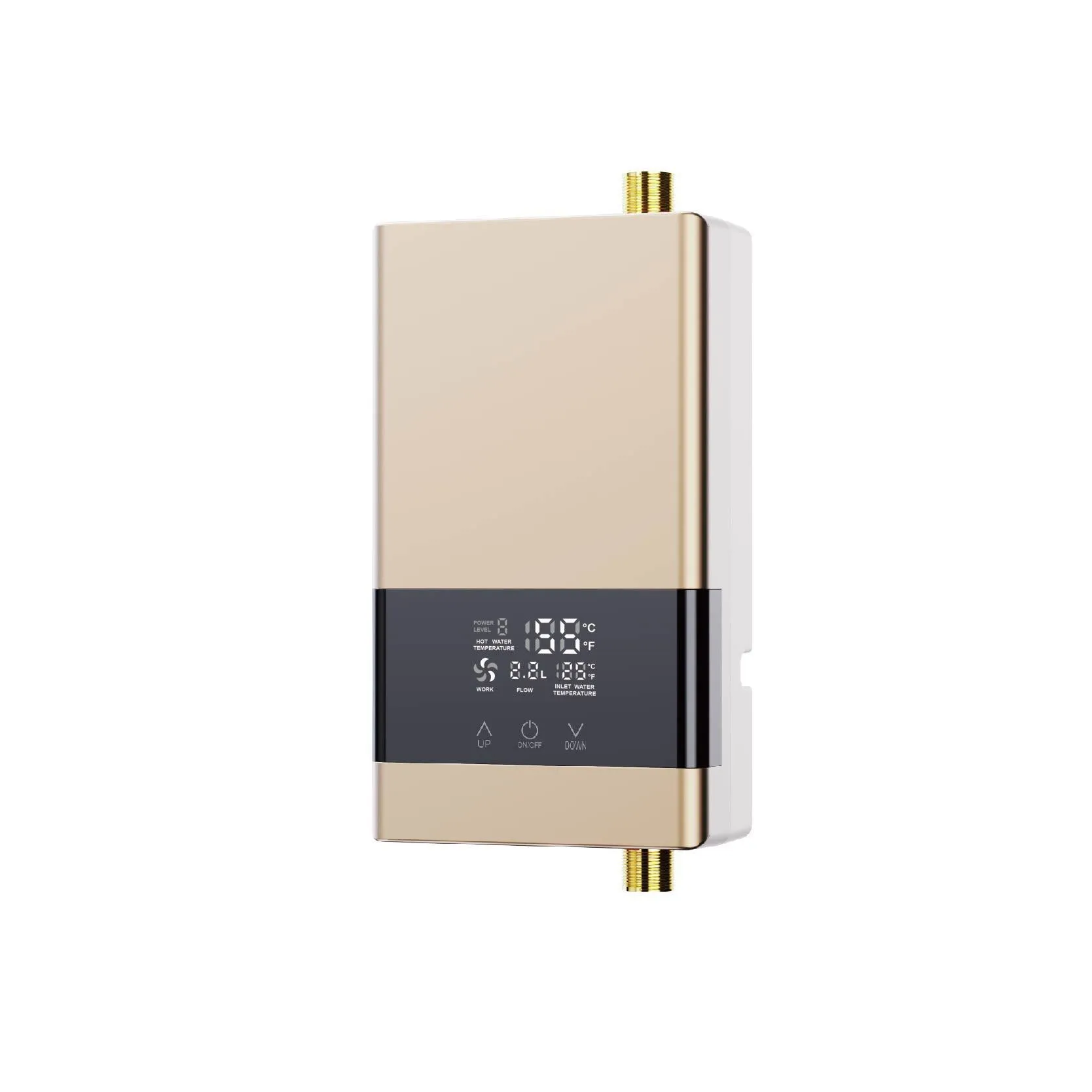 Portable instant electric water heater unit with LED touch screen display in gold, silver, or white finish.