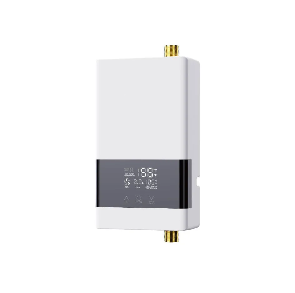 Portable instant electric water heater unit with LED touch screen display in gold, silver, or white finish.