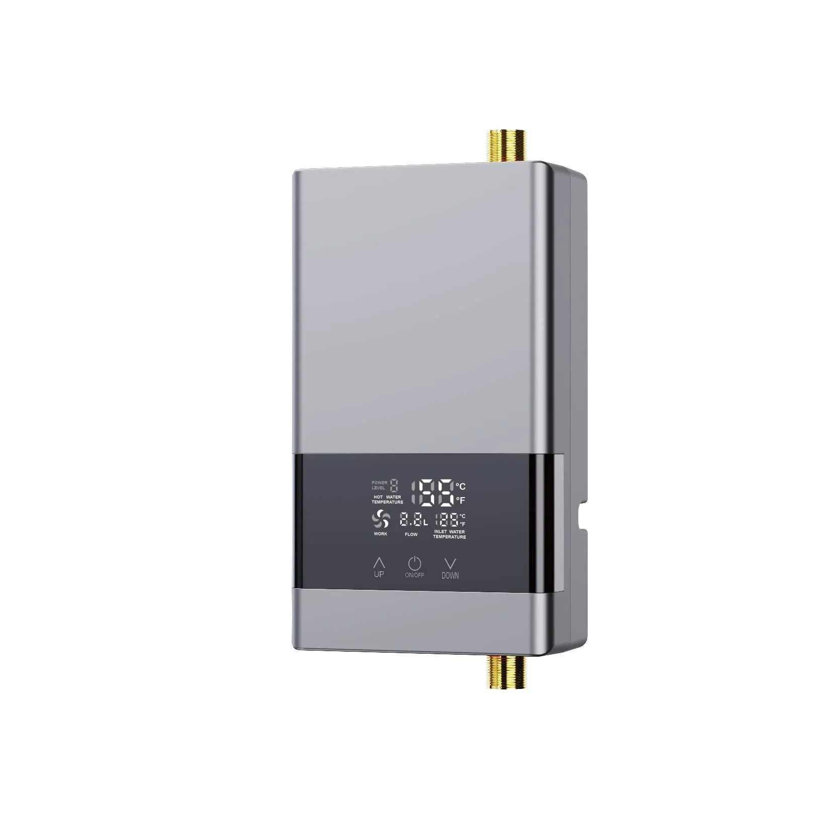 Portable instant electric water heater unit with LED touch screen display in gold, silver, or white finish.