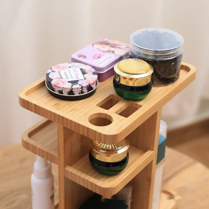 Bamboo multi-layer rotating storage rack with grid shelves in solid colour