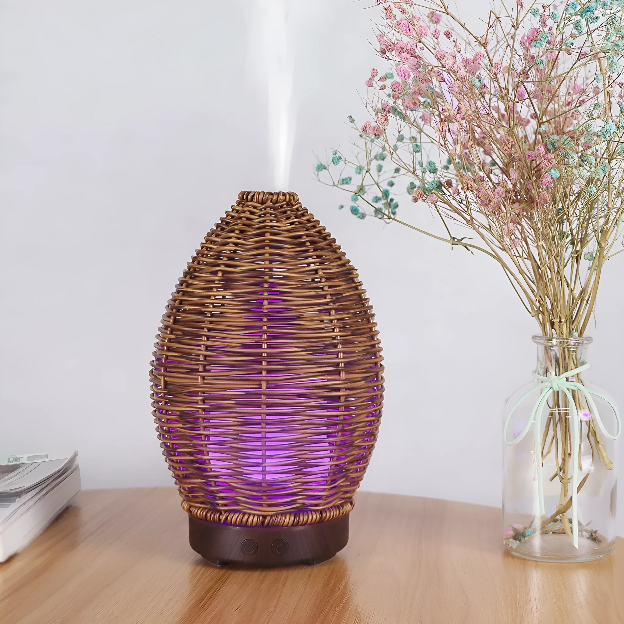 Light wood grain hollow rattan aroma diffuser with 100ml capacity for 20-40m² rooms
