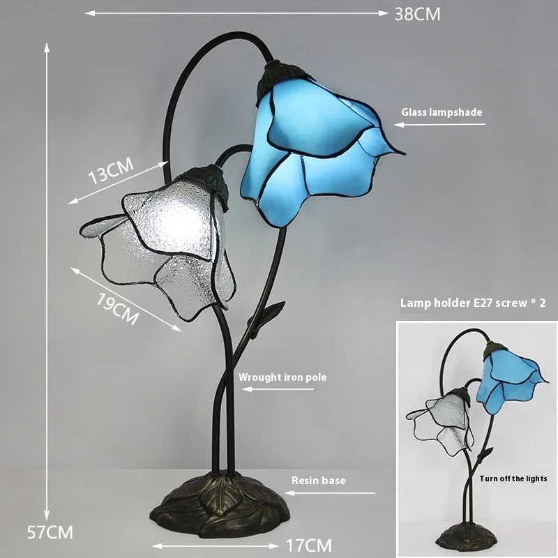 American classical desk lamp with lotus design in glass construction, available in single and double-head configurations