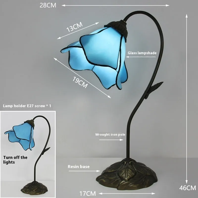American classical desk lamp with lotus design in glass construction, available in single and double-head configurations