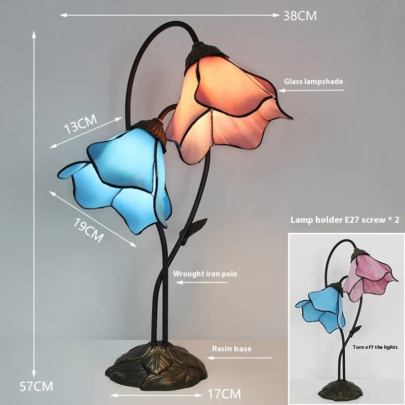American classical desk lamp with lotus design in glass construction, available in single and double-head configurations