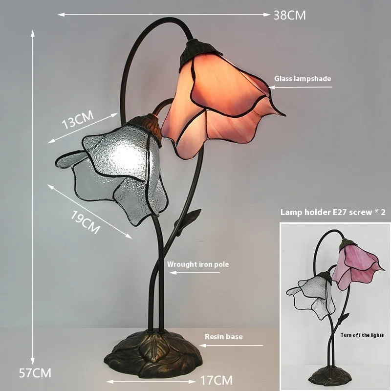 American classical desk lamp with lotus design in glass construction, available in single and double-head configurations