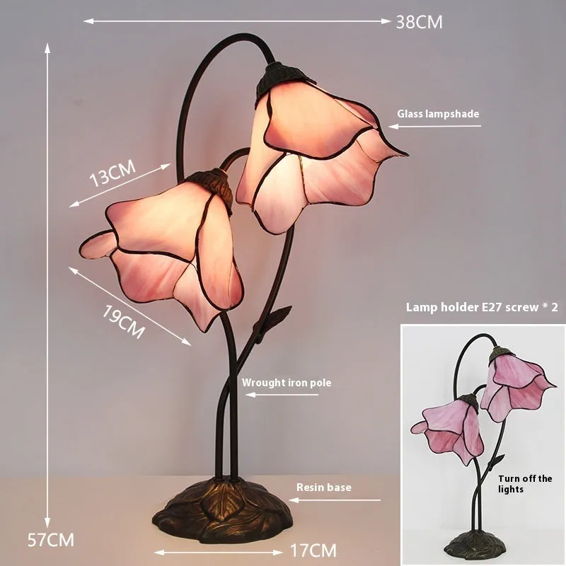 American classical desk lamp with lotus design in glass construction, available in single and double-head configurations