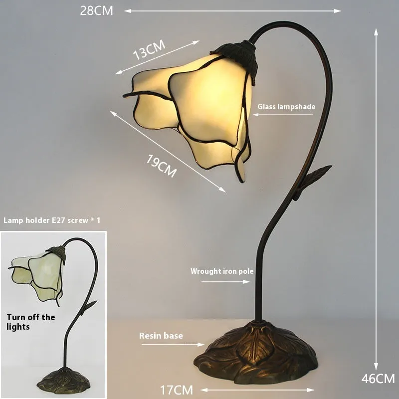 American classical desk lamp with lotus design in glass construction, available in single and double-head configurations