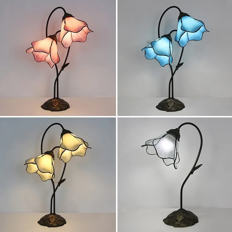 American classical desk lamp with lotus design in glass construction, available in single and double-head configurations