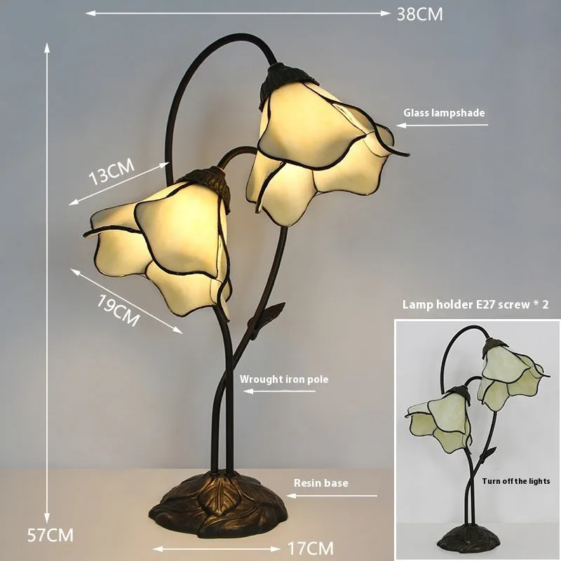 American classical desk lamp with lotus design in glass construction, available in single and double-head configurations