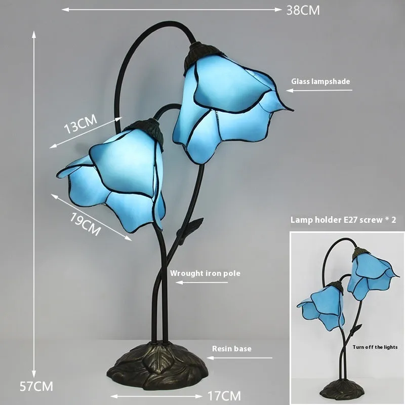 American classical desk lamp with lotus design in glass construction, available in single and double-head configurations
