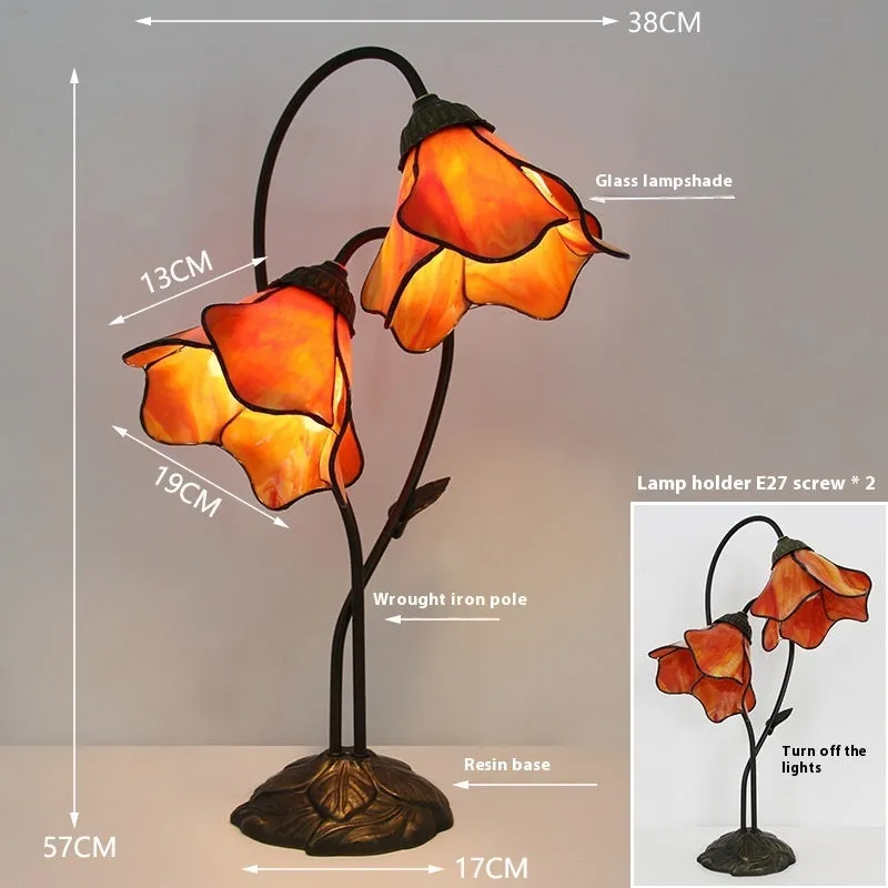 American classical desk lamp with lotus design in glass construction, available in single and double-head configurations