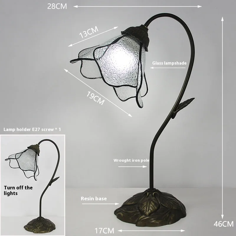 American classical desk lamp with lotus design in glass construction, available in single and double-head configurations