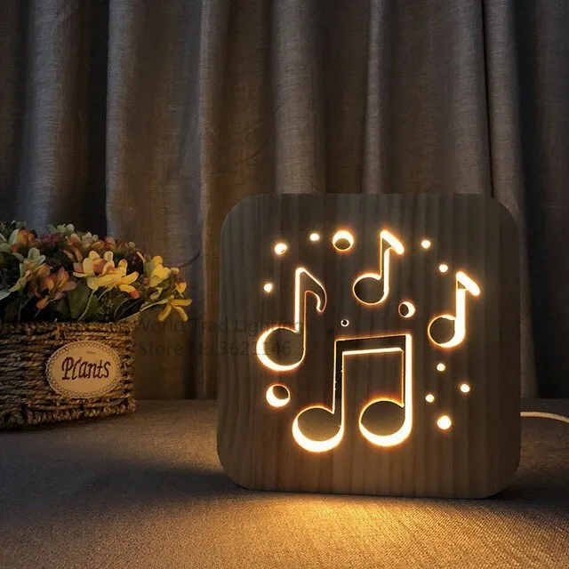 Square pine wood USB LED atmosphere lamp with warm white light on a table.