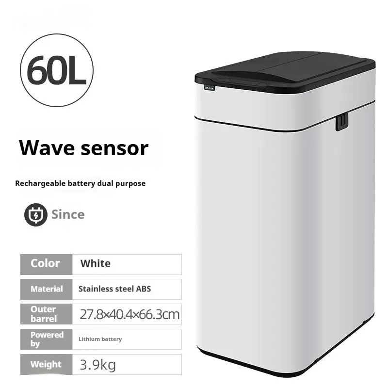 Stainless steel smart inductive trash can with square shape and automatic lid.