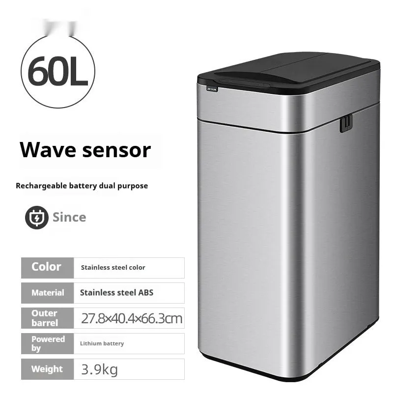 Stainless steel smart inductive trash can with square shape and automatic lid.
