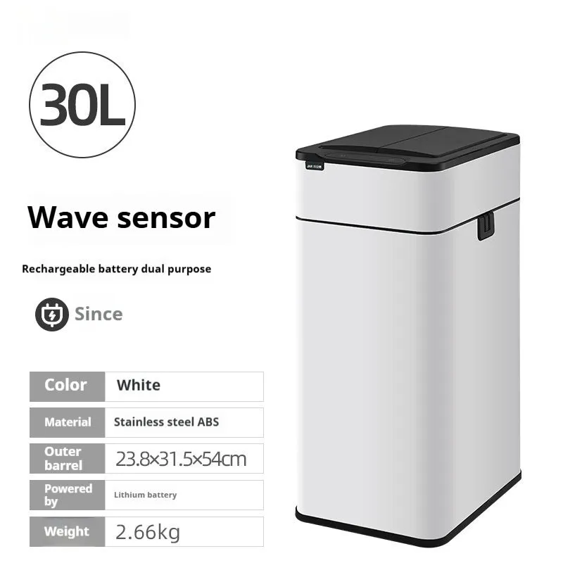 Stainless steel smart inductive trash can with square shape and automatic lid.