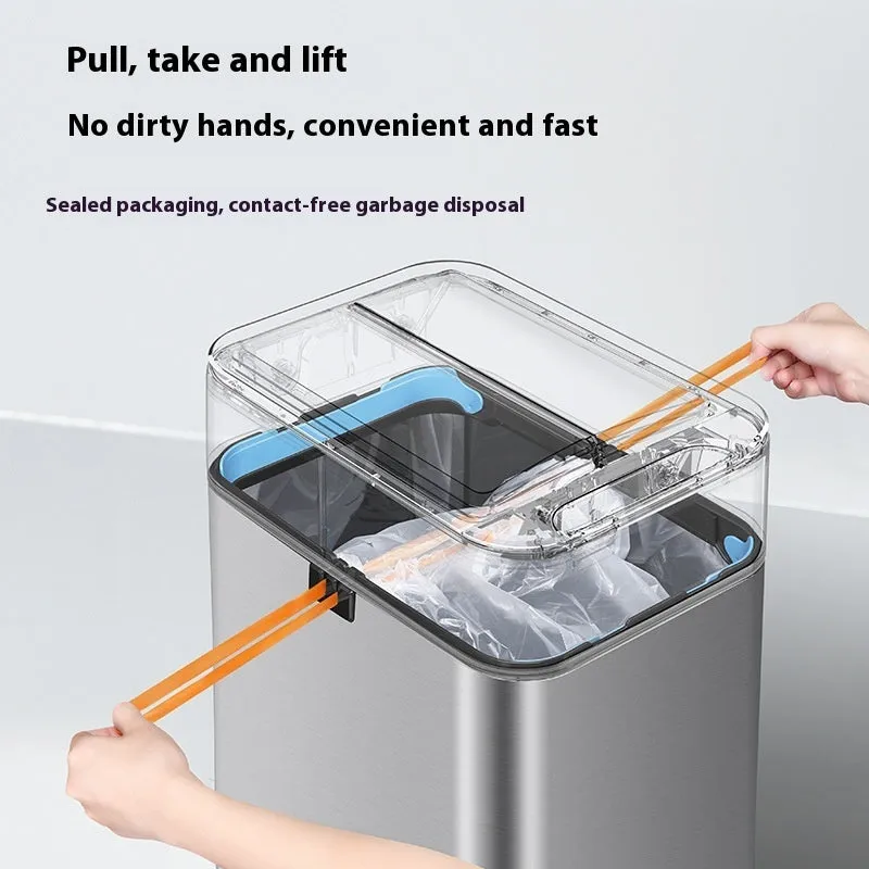 Stainless steel smart inductive trash can with square shape and automatic lid.